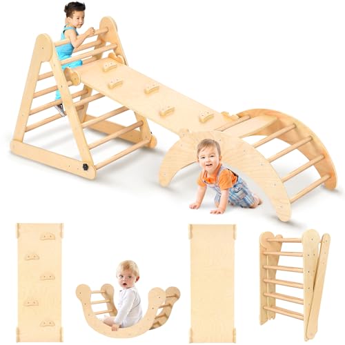 yoleo klettergerüst indoor, 3-in-1 montessori kletterdreieck mit rutsche, kletterbogen