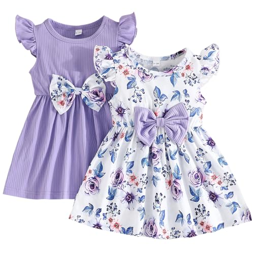 Produktbild: sxshun baby mädchen kleid 2er pack kurzarm sommerkleid mit schleife violett 12-18m