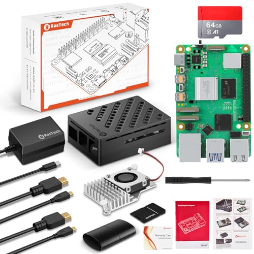 rastech raspberry pi 5 kit 8gb mit 64gb sd, active cooler, netzteil, gehäuse, dual 4k kabel