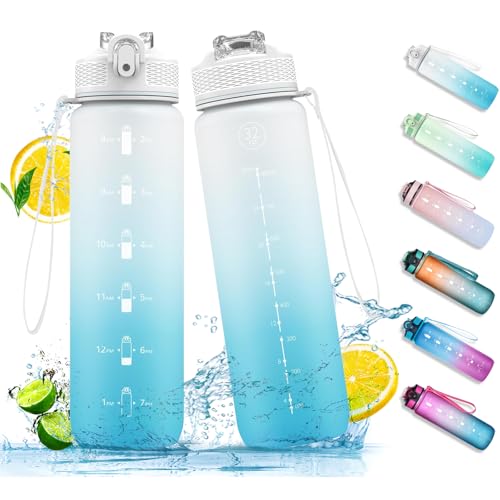 navtue 1l trinkflasche sport wasserflasche mit strohhalm auslaufsicher blau weiß