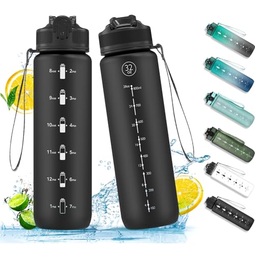navtue trinkflasche 1l sport-wasserflasche mit strohhalm auslaufsicher schwarz