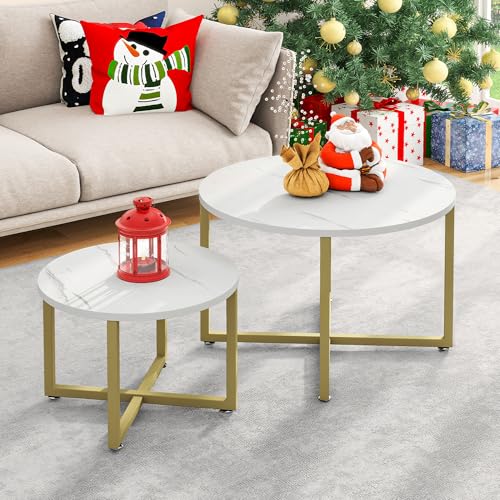 YITAHOME runder couchtisch 2er-set, weißer beistelltisch mit goldfarbenem metallrahmen