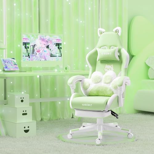 gaming stuhl vigosit mit katzenpfoten kissen und ohren, ergonomisch, grün