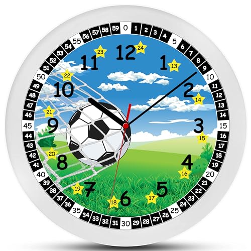 k&l wanduhr fußball lernuhr lautlos kinder blau grün 30 cm für junge mädchen