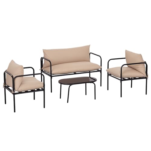 outsunny gartenmöbel-set 4-tlg. mit sesseln, couchtisch und kissen, khaki