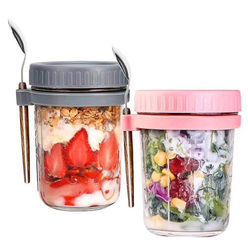 bocguy overnight oats gläser 400ml 2er set mit löffel und deckel grau rosa