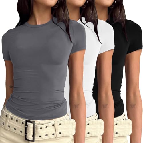Produktbild: 3er pack basic t-shirts damen kurzarm slim fit cropped tee einfarbig casual tops