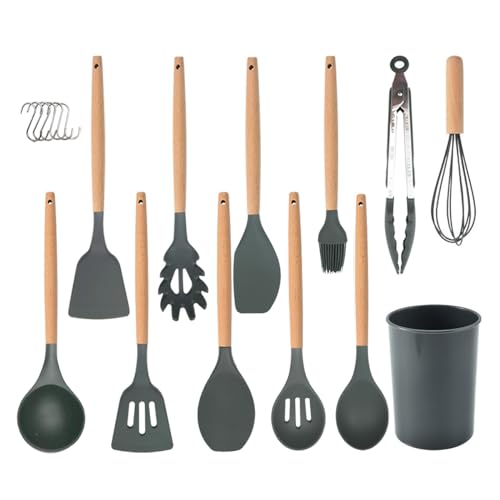 silicon küchenhelfer-set 12-teilig mit holzgriff hitzebeständig grau