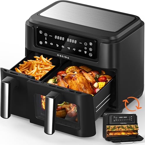 heißluftfritteuse 12l dual zone von meciga, airfryer mit sichtfenster, 2 schubladen, 2400w