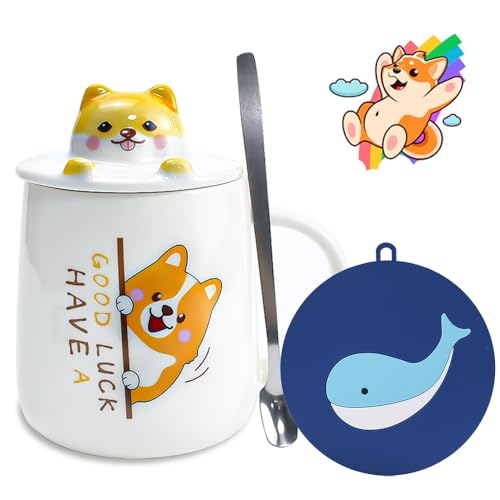 shiba inu tasse ca. 400ml keramiktasse mit deckel und löffel für kaffeetee, caredgo