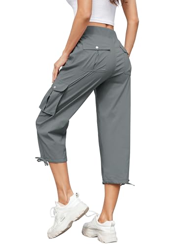 3/4 hose damen sommer casual joggingshorts capri cargohose grau mit 6 taschen M