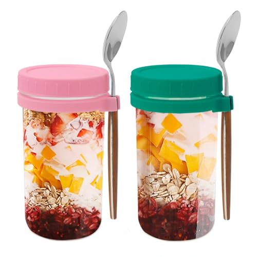 Bugucat 2er Set Müslibecher 600ML, auslaufsichere Joghurt- und Salatbecher to Go mit Löffel, Rosa+Grün