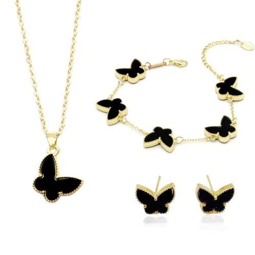 TNSRAY schmetterling schmuckset für damen und mädchen, edelstahl armband, halskette, ohrstecker, schwarz