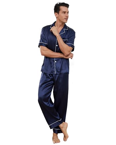 Mchodare herren schlafanzug lang satin pyjama mit knöpfen kurzarmoberteil hose