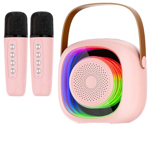 karaoke maschine für kinder, mini bluetooth lautsprecher mit 2 mikrofonen und led-lichtern, rosa