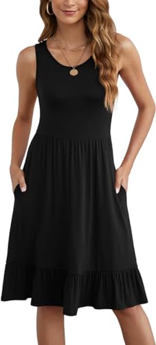 yommay kleider damen sommer knielang a-linie rundhals tank top strandkleid schwarz L