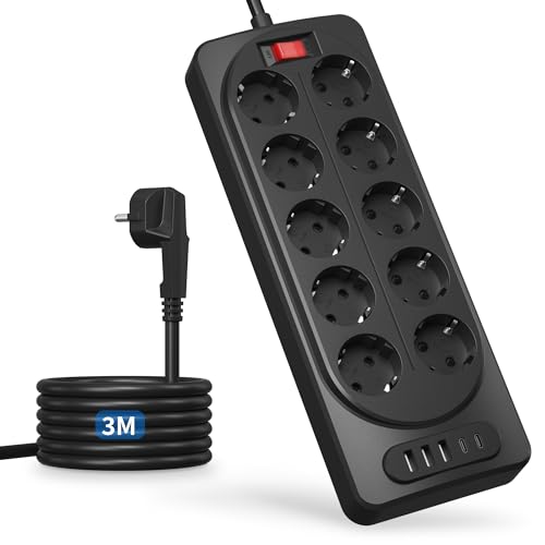 steckdosenleiste 10-fach 3m mit usb c flachstecker schalter mit überspannungsschutz schwarz