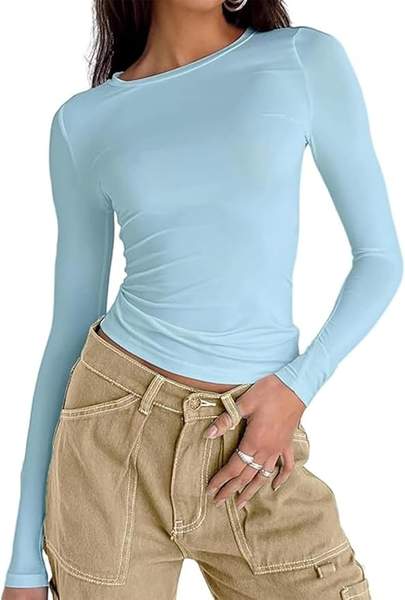 Langarmshirt Damen Slim Fit Crop Top Rundhals Casual Basic Oberteil