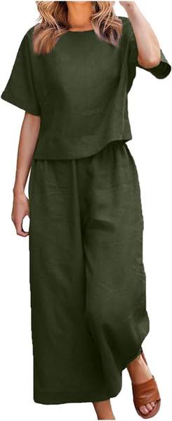 EMATOP Damen Leinen Hosenanzug 2 Teiler Bluse Tshirt Lange Hosen Freizeitanzug