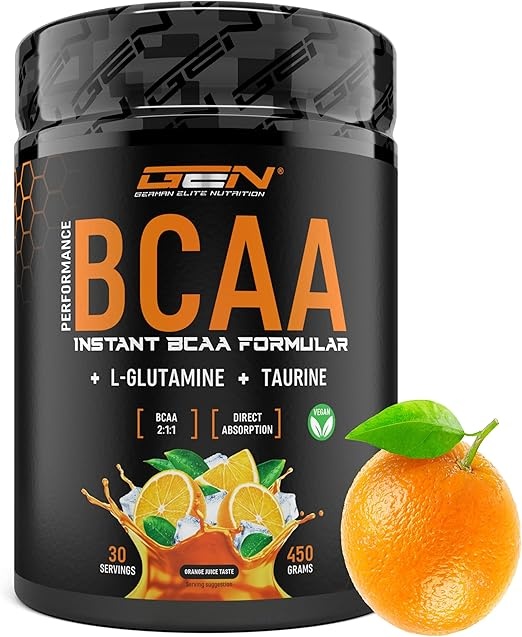 bcaas pulver 450 g orange juice - instant bcaas, l-glutamin, taurin - vegan 2:1:1