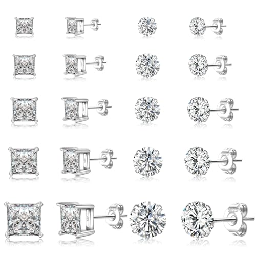 PABBEU Ohrstecker Silber 925 Damen, hypoallergen, 10 Paar, Zirkonia, zierlich