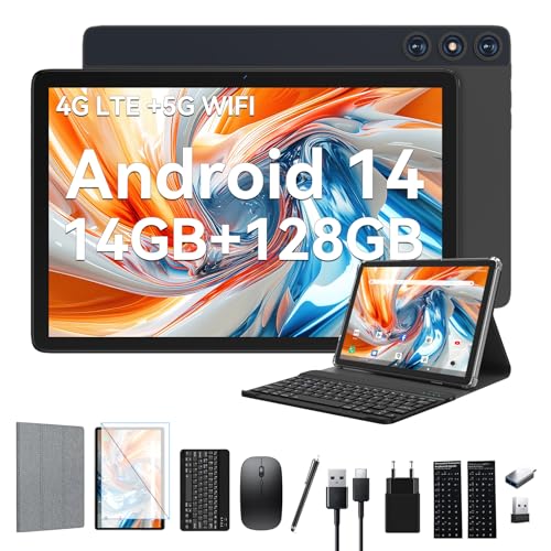 android 14 tablet 10 zoll 4g lte mit 2 sim 14gb 128gb 3-in-1 grau