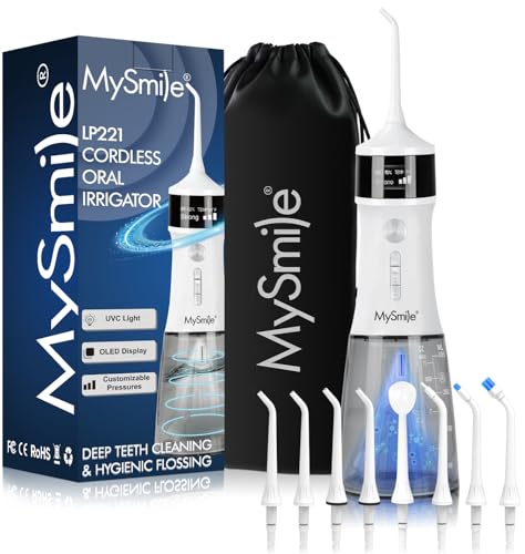 mySmile uvc wasserflosser lp221, kabellos, 335ml, 4 modi, 8 düsen, transportabel