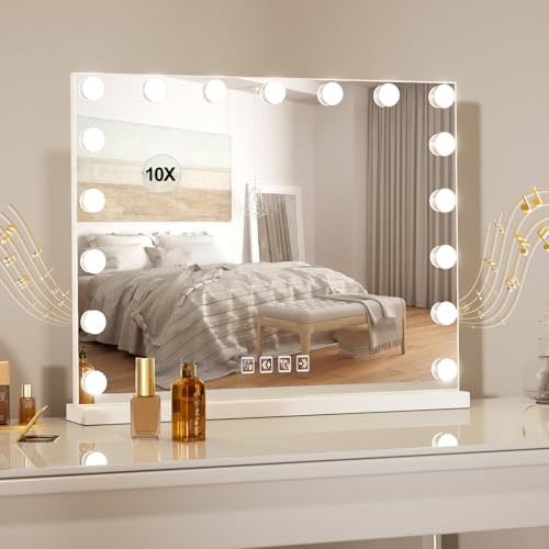 Buildonely Hollywood Make-up Spiegel 80x60 cm, dimmbar, 17 LED, Bluetooth, 3 Lichtmodi, Touch Control, 10x Vergrößerung