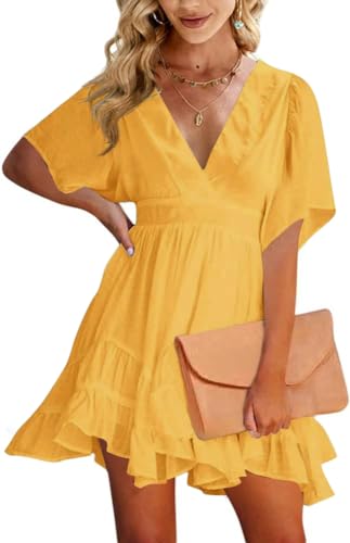 damen sommerkleid imily bela v ausschnitt kurzarm rüschen strandkleid gelb s