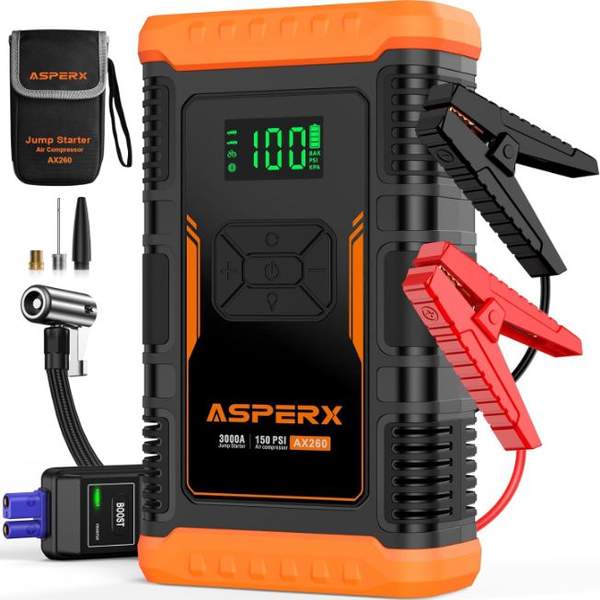 asperx ax260 starthilfe powerbank 3000a mit kompressor für 54,99 euro