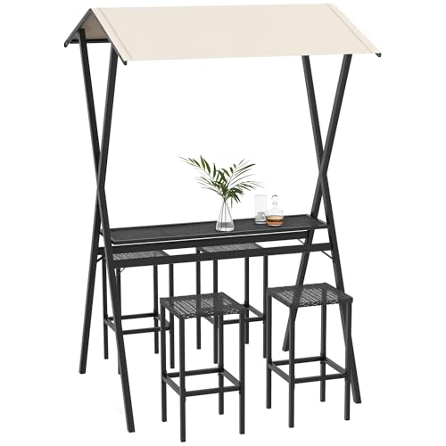 outsunny gartenbar-set rattan bartisch mit 4 barhockern und dach schwarz