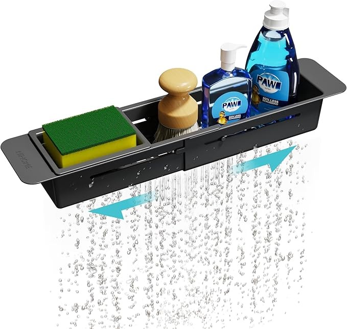 Spülbecken Organizer ausziehbar, teleskopisch, rutschfest, verstellbar, ABS, Schwarz