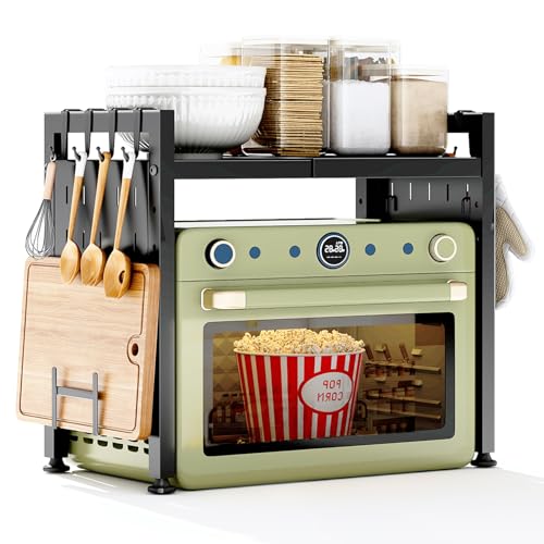 mikrowellen regal, SAYZH 2-stufiges ausziehbares küchenregal mit 10 haken, schwarz