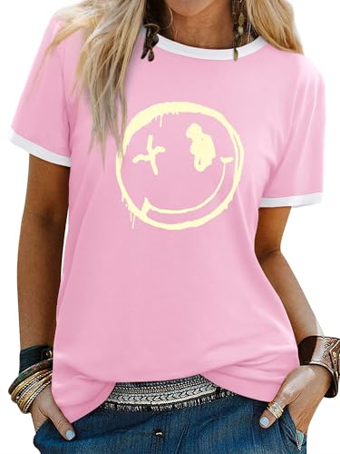 wieiym damen tshirt kurzarm rundhals sommer casual bluse druck rosa L