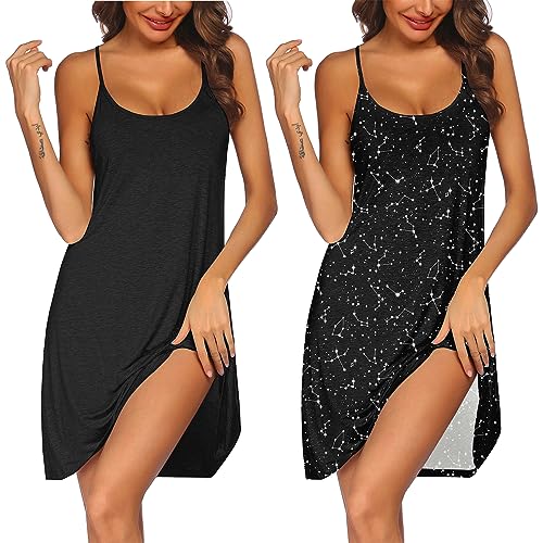 ekouaer nachthemd damen schwarz ärmellos negligee kurz baumwolle 2er set m