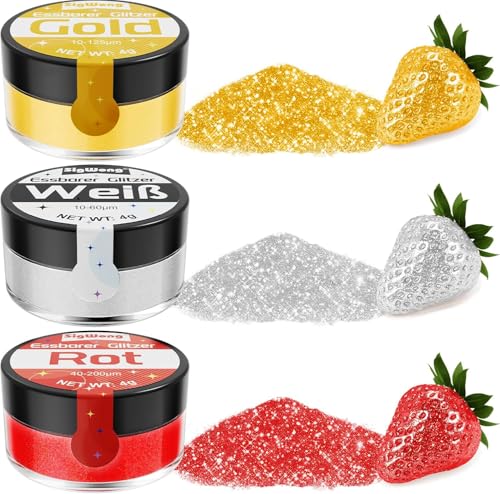essbares glitzer set - 3x4g glitzerpulver für drinks, torten, schokolade, rot, weiß, gold