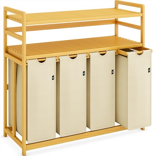 adelDream waschkorb 200 l, wäschetrennsystem mit 4 fächern und 2 regalen, beige