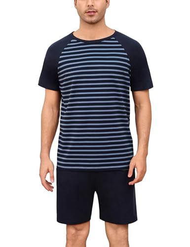 Bresdk Schlafanzug Herren Set Kurz Pyjamahose Oberteil Hellblau S M1443