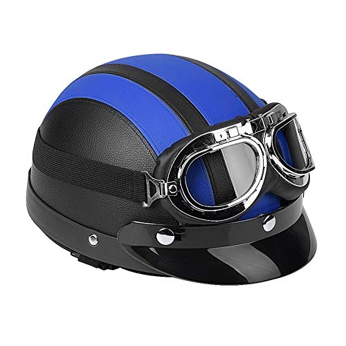 lyrlody motorradhelm offen gesicht mit schutzbrille vintage leder halbhelm blau