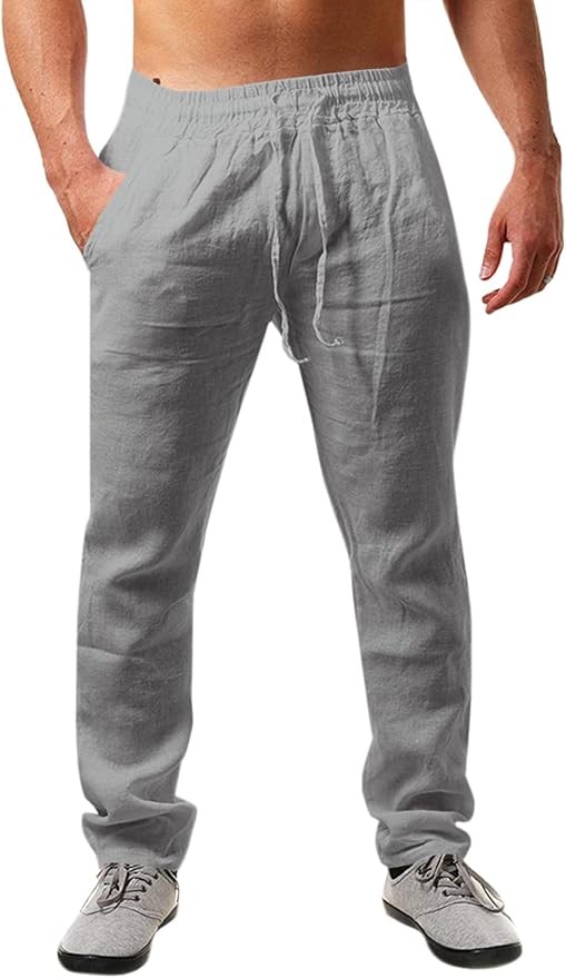 Herren Leinenhose Grau XXL, Einfarbig, Lang, Locker, mit Kordelzug, Sommerhose
