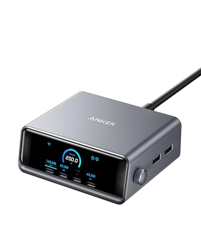 ankers 250w usb-c ladegerät, 6-port gan ladestation mit lcd-display, kompatibel mit macbook, iphone, pixel, galaxy, apple watch