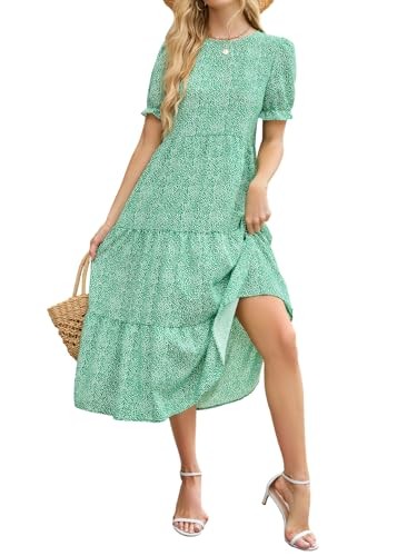 Damen Sommerkleid A-Linie Kurzarm Rundhals Midikleid Strandkleid Casual