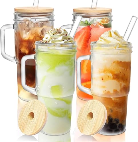 glasbecher mit deckel und strohhalm, 4er pack, 680 ml, wiederverwendbare trinkgläser