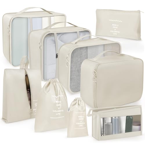 koffer organizer set 9 pcs packing cubes für reisen mit kosmetiktasche beige