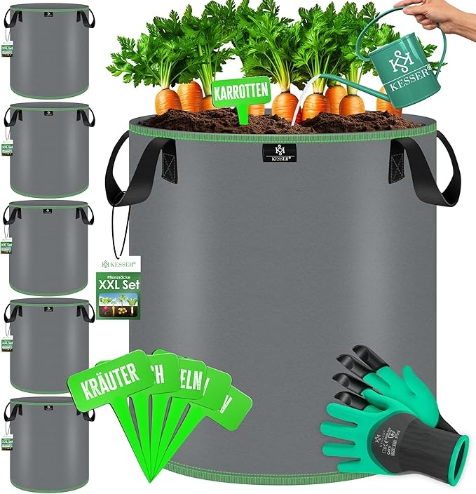 pflanzsack 27 liter 5er set von kesser, vlies-stoff mit schildchen und gartenhandschuhen