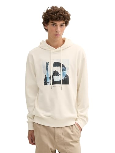 herren hoodie sweatshirt tom tailor denim mit fotoprint wool white, Größe L