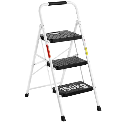 BONTEC klappbare trittleiter 3 stufen, 150kg, anti-rutsch-pedalen, faltbarer stahl-hocker, weiß