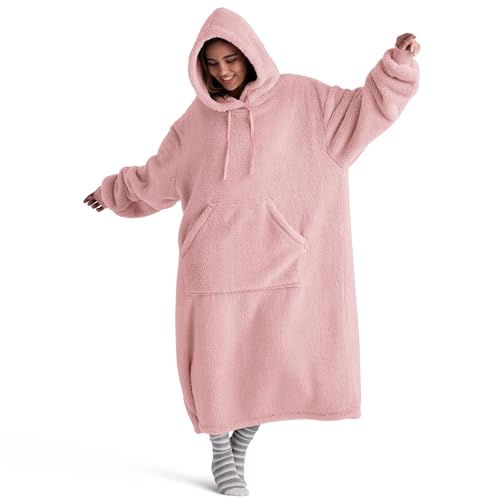 bedsure hoodie decke mit ärmeln, tragbare kuscheldecke für frauen, rosa 129x75