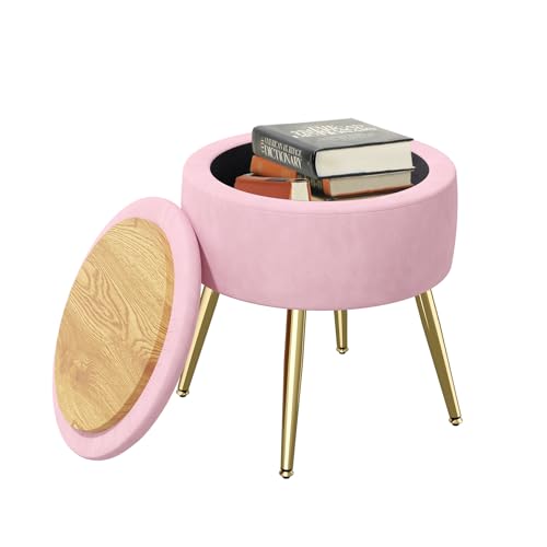 Produktbild: hawthyhome hocker rosa mit stauraum runder sitzhocker gepolstert metallstütze