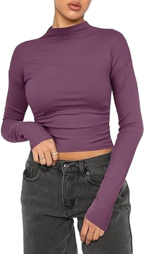 Produktbild: damen crop tops baumwolle slim fit langarm t-shirt basic bluse dunkel lila-g, m